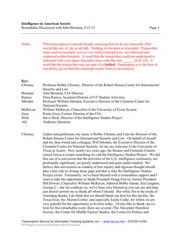 Intelligence in American Society Roundtable Discussion with John Brennan, 9.15.15 Page 1 ______