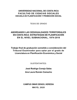 Abordando Las Desigualdades Territoriales En Costa Rica: Estrategias De Planificación En El Nivel Subnacional, 1974-2018