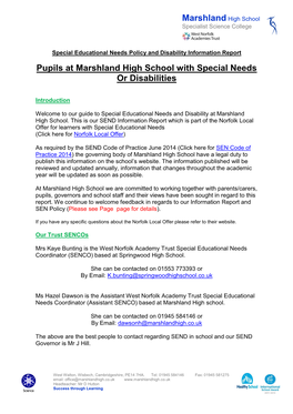 Pupils at Marshland High School with Special Needs Or Disabilities