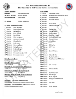 Iron Workers Local Union No. 25 2018 November 6, 2018 General Election Endorsements