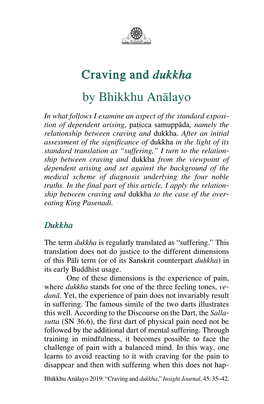 Craving and Dukkha by Bhikkhu Anālayo