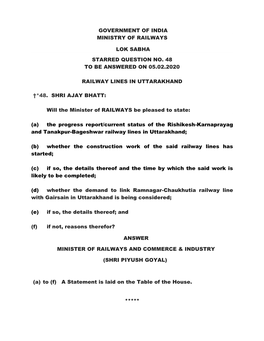 Government of India Ministry of Railways Lok Sabha