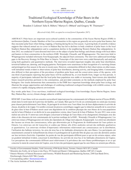 Traditional Ecological Knowledge of Polar Bears in the Northern Eeyou Marine Region, Québec, Canada Brandon J