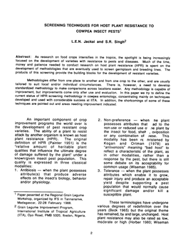 Screening Techniques for Host Plant Resistance To