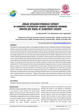 Smilax Zeylanica Ethanolic Extract in Cognitive Dysfunction Against Aluminium Chloride Induced Rat Model of Alzheimer’S Disease