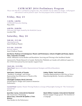 CATR/ACRT 2014 Preliminary Program Friday, May 23 Saturday