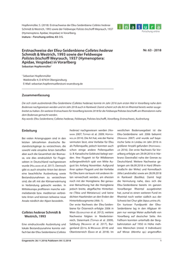 Erstnachweise Der Efeu-Seidenbiene Colletes Hederae Schmidt & Westrich, 1993 Sowie Der Feldwespe Polistes Bischoffiweyrauch