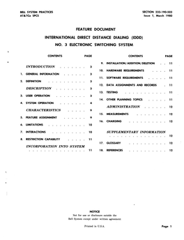 Feature Document International Direct Distance Dialing (Iddd) No. 3 Electronic Switching System