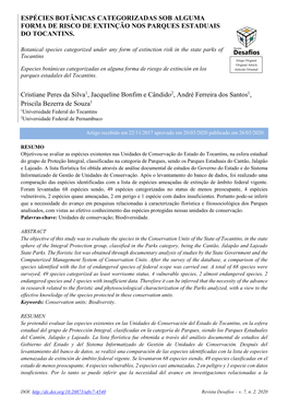 Espécies Botânicas Categorizadas Sob Alguma Forma De Risco De Extinção Nos Parques Estaduais Do Tocantins