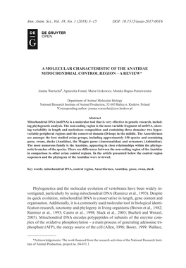 A Molecular Characteristic of the Anatidae Mitochondrial Control Region – a Review* *