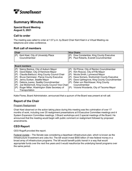 Summary Minutes Special Board Meeting August 5, 2021