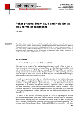 Poker Phases: Draw, Stud and Hold’Em As Play-Forms of Capitalism