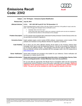 Emissions Recall Code: 23V2