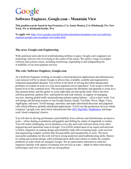 Software Engineer, Google.Com - Mountain View