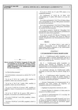 9 JOURNAL OFFICIEL DE LA REPUBLIQUE ALGERIENNE NA 33 3 Joumada El Oula 1428 20 Mai 2007 ————*———— Décret