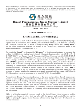 Hansoh Pharmaceutical Group Company Limited 翰森製藥集團有限公司 (Incorporated in the Cayman Islands with Limited Liability) (Stock Code: 3692)