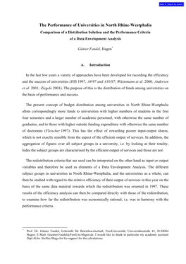 The Performance of Universities in North Rhine-Westphalia Comparison of a Distribution Solution and the Performance Criteria of a Data Envelopment Analysis