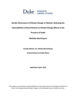 Gender Dimensions of Climate Change in Pakistan: Reducing The