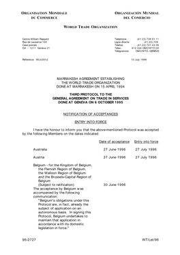 WT/Let/96 ORGANISATION MONDIALE DU COMMERCE ORGANIZACIÓN MUNDIAL DEL COMERCIO WORLD TRADE ORGANIZATION