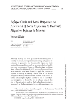 Refugee Crisis and Local Responses: an Assessment of Local Capacities to Deal with Migration Influxes in Istanbul *