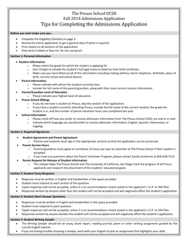 The Preuss School UCSD Fall 2014 Admissions Application Tips for Completing the Admissions Application