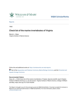 Check List of the Marine Invertebrates of Virginia