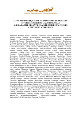 Liste Alphabetique Des 225 Communes De Moselle Situees Au Nord De L’Autoroute A4 Sur La Partie Allant De Sainte Marie Aux Chenes a Freyming Merlebach