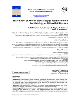 Toxic Effect of African Black Soap (Sabulun Salo) on the Histology Of