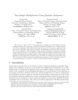 Fast Integer Multiplication Using Modular Arithmetic ∗