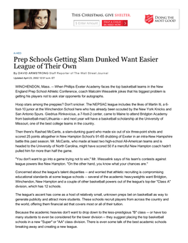 Prep Schools Getting Slam Dunked Want Easier League of Their Own ­ WSJ