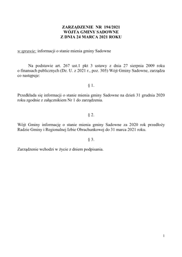 Zarządzenie Nr 194/2021 Wójta Gminy Sadowne Z Dnia 24 Marca 2021 Roku