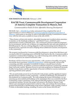 RACER Trust, Commonwealth Development Corporation of America Complete Transaction in Muncie, Ind