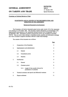 GENERAL AGREEMENT TBT/37 15 October 1993 on TARIFFS and TRADE Special Distribution