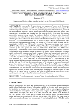 The Nutrient Profile of the Developmental Stages of Palm Beetle, Oryctes Rhinoceros L