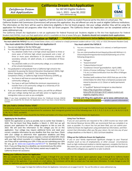 California Dream Act Application California Dream for AB 540 Eligible Students Act Application July 1, 2021 - June 30, 2022