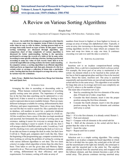 A Review on Various Sorting Algorithms