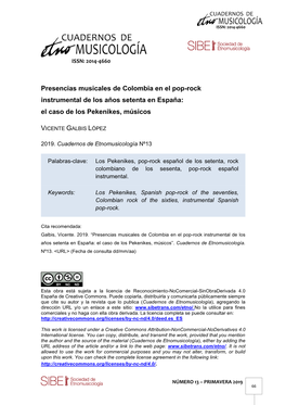 Presencias Musicales De Colombia En El Pop-Rock Instrumental De Los Años Setenta En España: El Caso De Los Pekenikes, Músicos