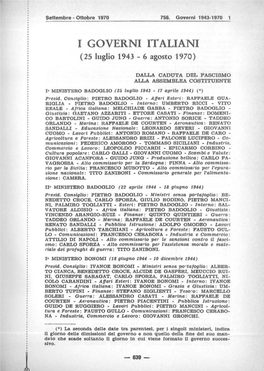 I GOVERNI ITALIANI ( 25 Luglio 1943 - 6 Agosto 1970)