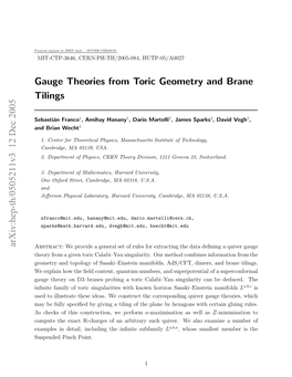 Hep-Th/0505211V3 12 Dec 2005 Sebasti´An Franco Brane and Tilings Geometry Toric from Theories Gauge VERSION HYPER - Style
