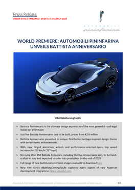 Automobili Pininfarina Unveils Battista Anniversario