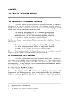 CHAPTER 2 the ROLE of the UNITED NATIONS the UN Operation in the Former Yugoslavia