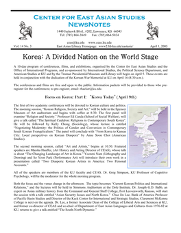 Center for East Asian Studies Newsnotes Korea: a Divided