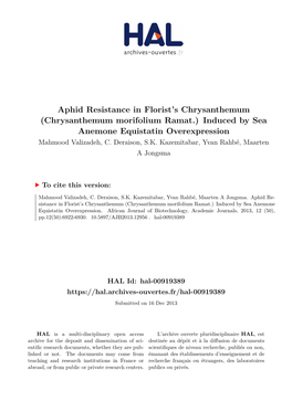 Chrysanthemum Morifolium Ramat.) Induced by Sea Anemone Equistatin Overexpression Mahmood Valizadeh, C