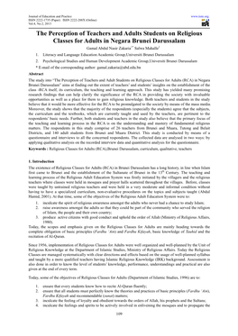 The Perception of Teachers and Adults Students on Religious Classes for Adults in Negara Brunei Darussalam Gamal Abdul Nasir Zakaria 1* Salwa Mahalle 2 1