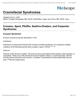 Craniofacial Syndromes: Crouzon, Apert, Pfeiffer, Saethre-Chotzen, and Carpenter Syndromes, Pierre Robin Syndrome, Hemifacial Deformity 10/4/17, 4�06 PM