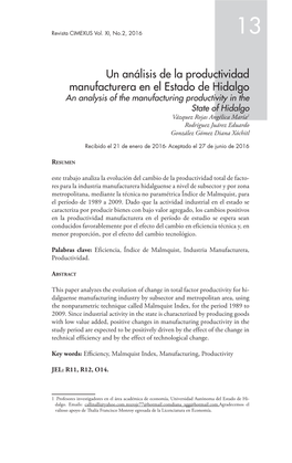 Un Análisis De La Productividad Manufacturera En El Estado De