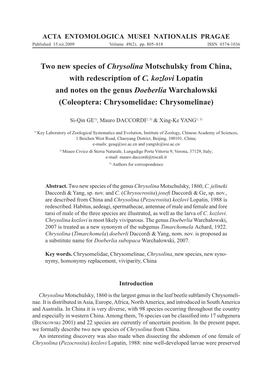 Two New Species of Chrysolina Motschulsky from China, with Redescription of C. Kozlovi Lopatin and Notes on the Genus Doeberlia