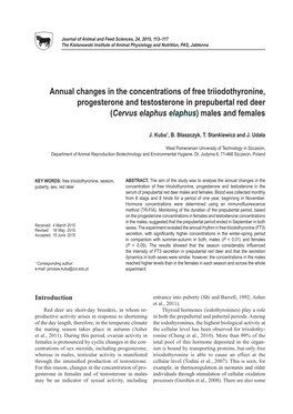 Annual Changes in the Concentrations of Free Triiodothyronine, Progesterone and Testosterone in Prepubertal Red Deer (Cervus Elaphus Elaphus) Males and Females