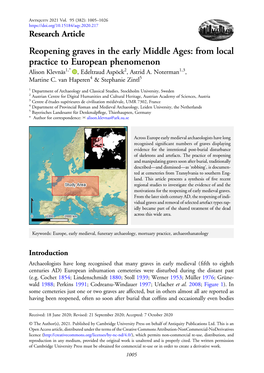 Reopening Graves in the Early Middle Ages: from Local Practice to European Phenomenon Alison Klevnäs1,* , Edeltraud Aspöck2, Astrid A