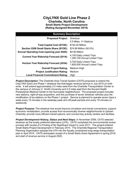 Citylynx Gold Line Phase 2 Charlotte, North Carolina Small Starts Project Development (Rating Assigned November 2015)